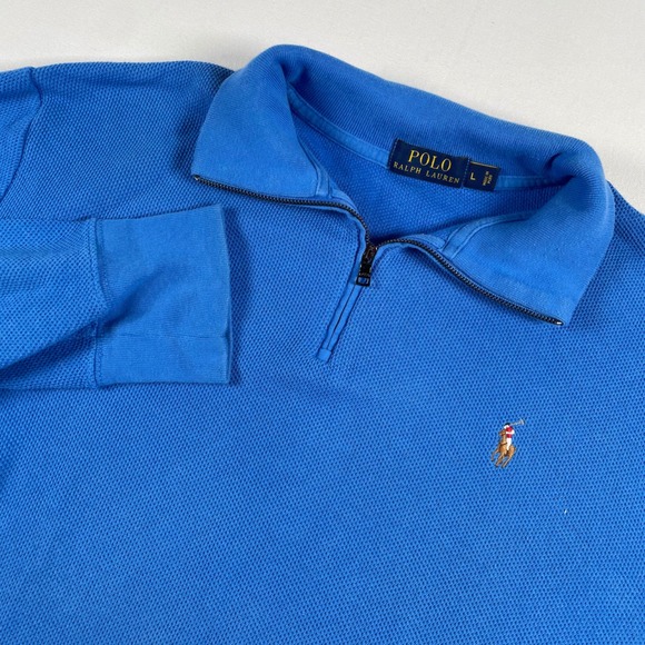 Polo Ralph Lauren Quarter Zip Pullover Blue Waffle Knit Long Sleeve Top - Picture 1 of 6